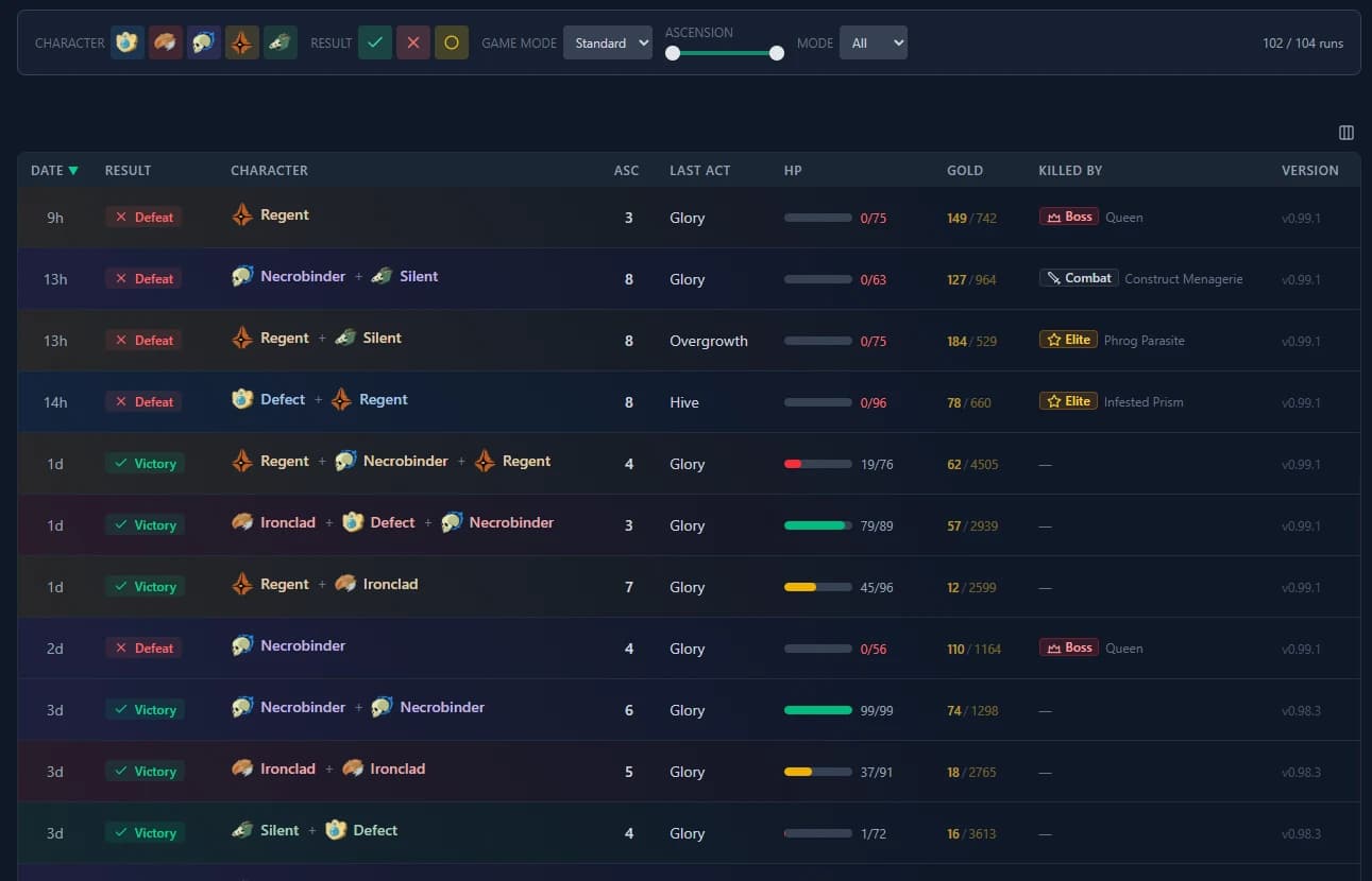 Historial de partidas — registra todas tus partidas de Slay the Spire 2
